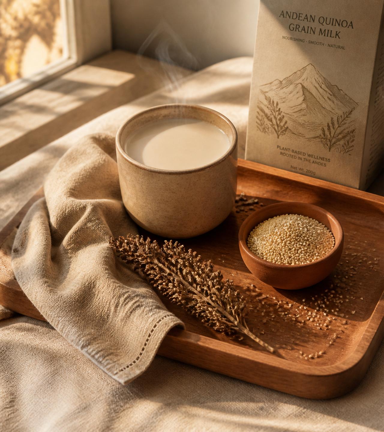 A warm morning still life: a ceramic cup of quinoa plant milk, dried herbs, and packaging on a wooden tray